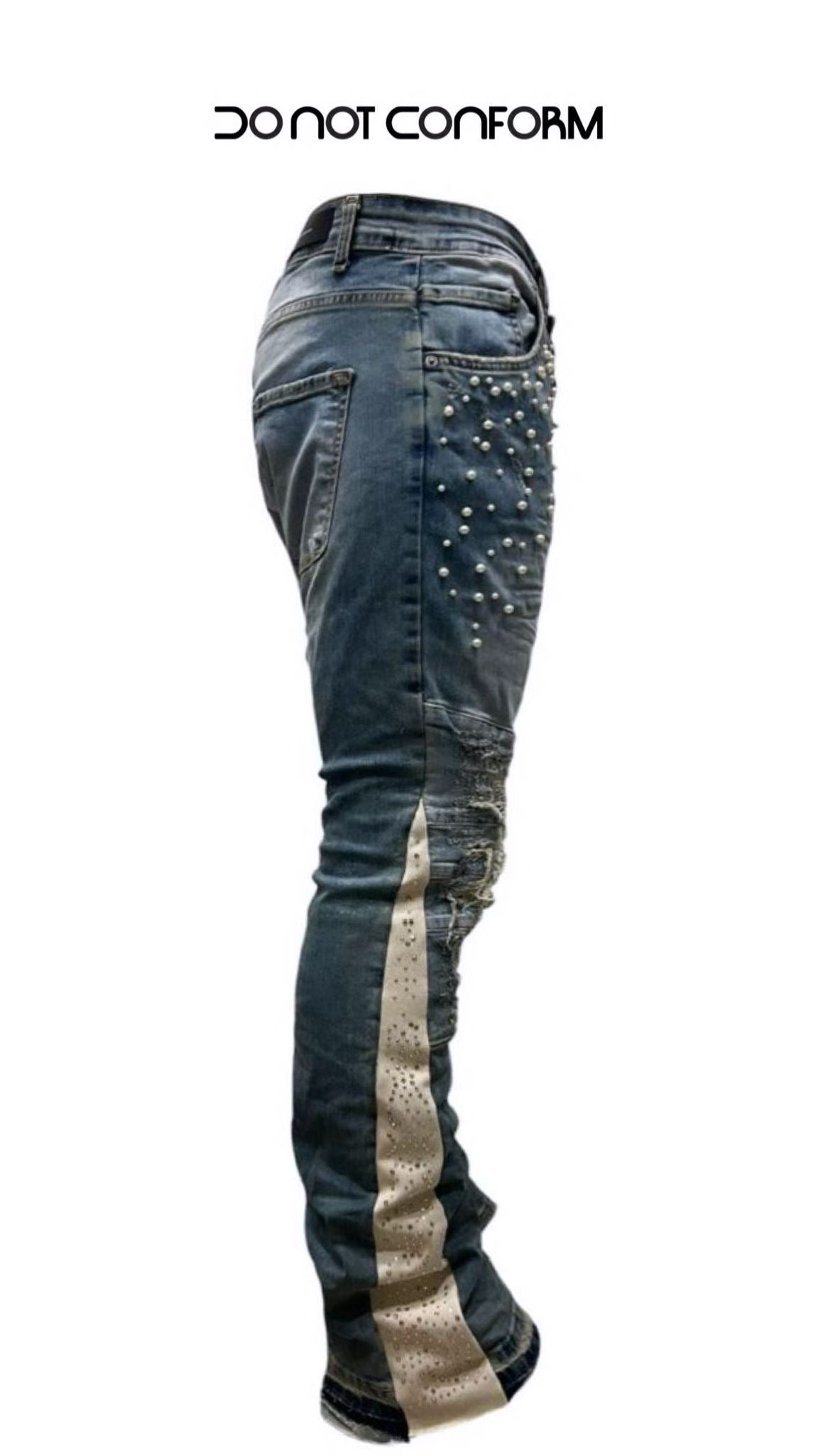 Jeans Flare Denim Pearls and Rhinestones