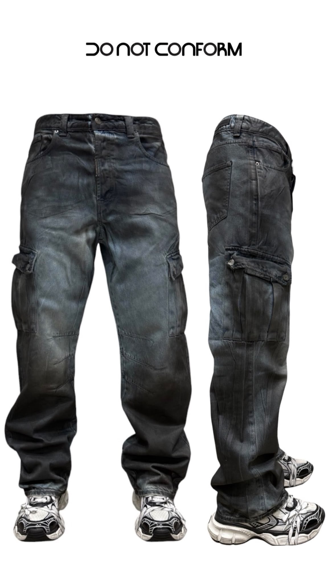 Jeans Blue Cargo Black Splatter