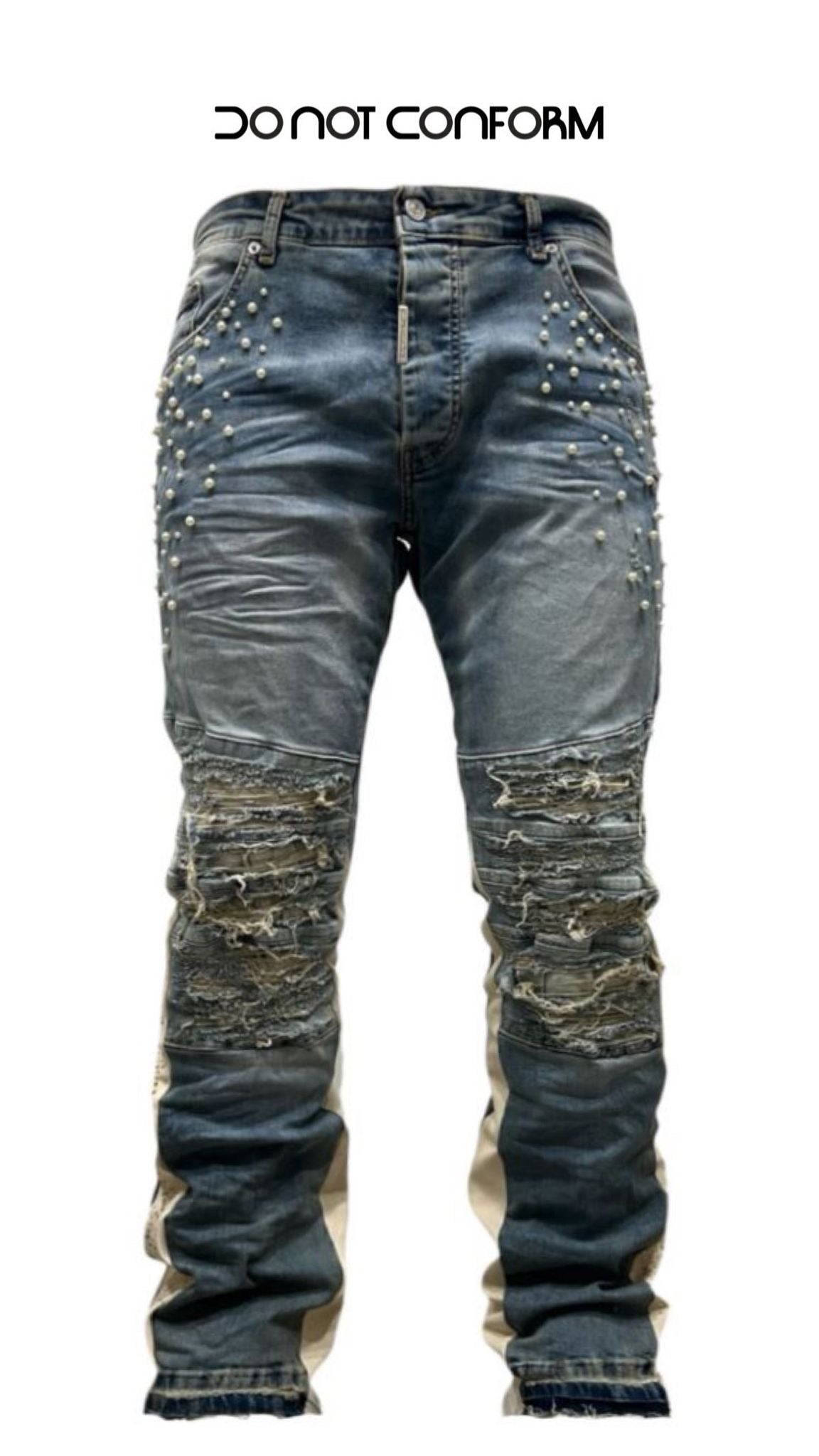 Jeans Flare Denim Pearls and Rhinestones